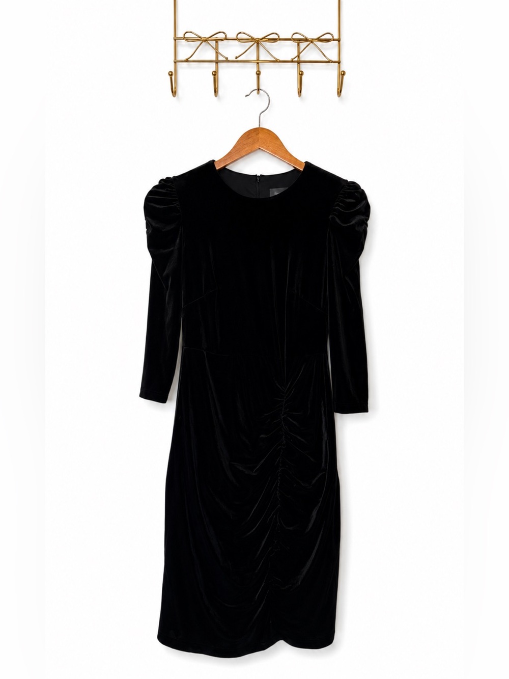 Vince Camuto Black Velvet Ruched Puff-Sleeve Long Sleeve Dress